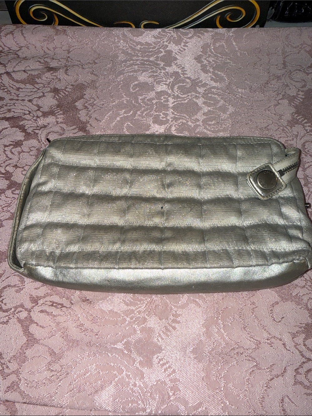 CHANEL Quilted Metallic Silver Wristlet Clutch